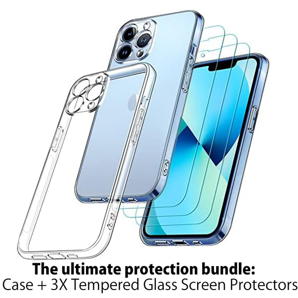 Ultimate iPhone Protection Bundle: 15'/5m Drop Tested Clear Case & 3X Tempered Glass Screen Protectors