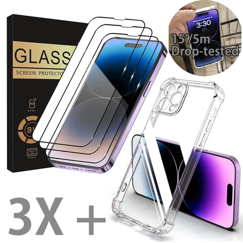 Ultimate iPhone Protection Bundle: 15'/5m Drop Tested Clear Case & 3X Tempered Glass Screen Protectors